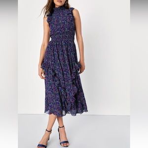 Lulus Evalina Navy Blue Floral Print Mock Neck Midi Dress